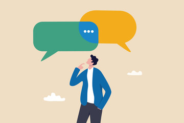Second opinion, suggestion or advice to consider, reason or logical thinking, information to make decision or judgement concept, businessman think from listening to second opinion and make decision.