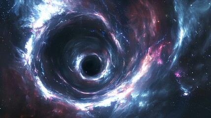 A breathtaking 3D rendering of a black hole surrounded by swirling strange light and aura, with distant constellations visible through the cosmic scene.