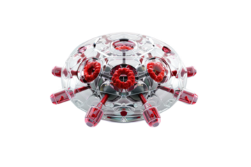 Transparent futuristic toy spaceship with red accents, top view isolated on white background. Ideal for sci-fi and imaginative play concepts.