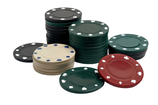 Stacked poker chips in various colors and denominations, ideal for casino games and gambling themes.