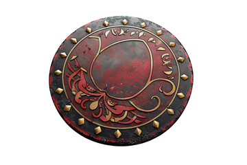 Obraz premium Vintage ornate round shield with red and gold detailing. Perfect for medieval or fantasy-themed designs, games, and historical projects.