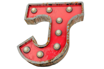 Vintage rusty metal letter J with light bulbs, isolated on white background. Retro marquee sign design.