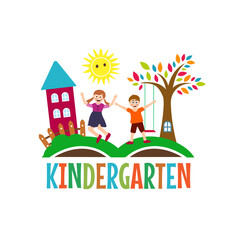Naklejka premium kindergarten, Preschool playgroup logo icon design template. Children school vector illustration