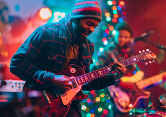 Obraz premium A musician joyfully plays the guitar on stage, surrounded by colorful lights and a festive atmosphere. 