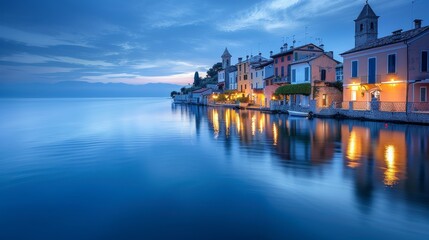 Obraz premium Tranquil Evening by the Lake with Reflections of Colorful Houses and Soft Blue Sky in a Serene Waterfront Village