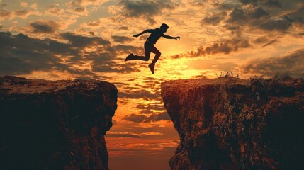 A silhouette of person jumping from one cliff to another, symbolizing the idea that life is about leaping into new challenges and embracing change. .