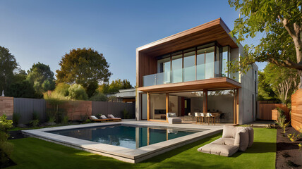 Luxury villa interior with swimming pool and terrace. Nobody inside. Created with generative AI