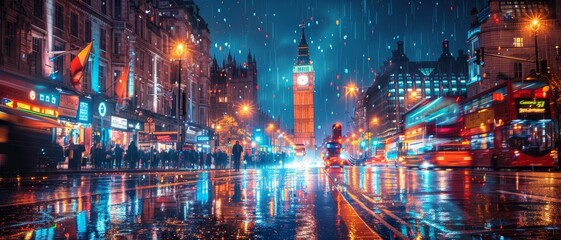 Vibrant Night Scene of London City with Big Ben, Colorful Lights, and Reflections on Wet Streets Captured During Rainy Weather