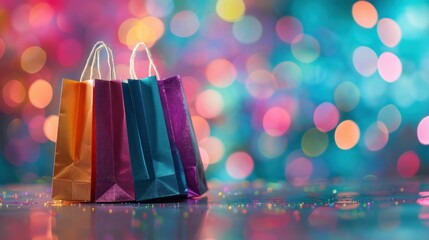Fototapeta premium Vibrant Shopping Bags Glowing in Front of Colorful Bokeh Lights Background, Business Fashion and Beauty Theme