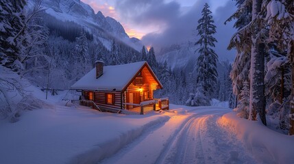 Cozy Wooden Cabin in Snowy Winter Forest at Sunset with Warm Lights and Majestic Mountain Background