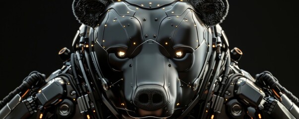 Fototapeta premium Metallic bear cyborg staring with glowing eyes