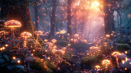 Enchanted Forest with Glowing Mushrooms at Sunset - Magical Woodland Scene with Bioluminescent Fungi and Ethereal Light