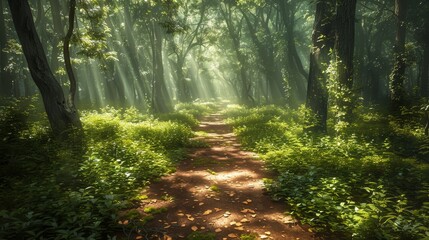 Fototapeta premium Sunlit Forest Path with Lush Greenery and Tall Trees, Serene Nature Scene Capturing the Beauty of a Woodland Trail, Perfect for Outdoor and Nature-Themed Projects