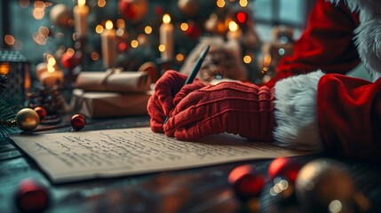 Close up of Santa Claus hands writing letter on Worden desk with copy space 