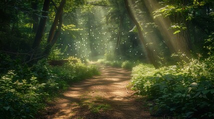 Fototapeta premium Sunlit Forest Path with Sparkling Light Particles in a Lush Green Woodland - Serene Nature Scene Capturing the Beauty of Sun Rays Filtering Through Trees and Illuminating a Tranquil Trail