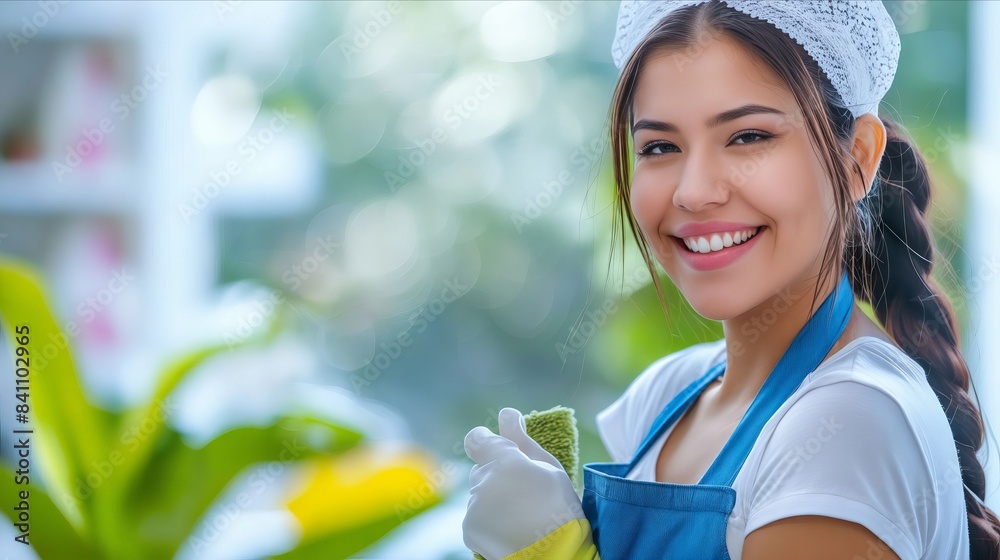 Wall mural A smiling woman holding a cleaning rag.