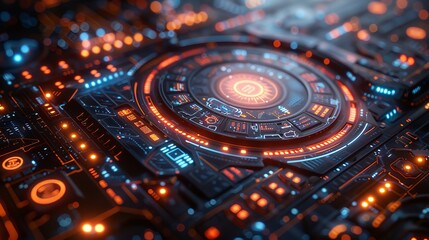 Futuristic Digital Interface with Glowing Orange and Blue Elements, High-Tech Circuit Board, Advanced Technology, Cyberpunk Design, Sci-Fi User Interface, Modern Digital Innovation