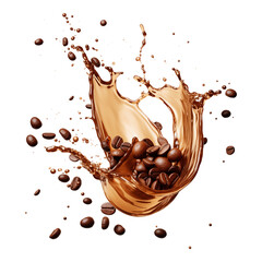 Coffee splash with coffee beans isolated on transparent white background, clipping path