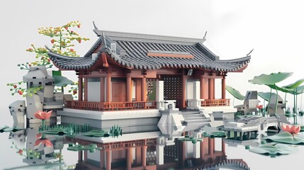 3d ancient traditional architectural mode illustration poster background