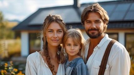 Fototapeta premium A family with solar panels on their home.