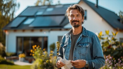 A man standing in front of his house with solar panels.