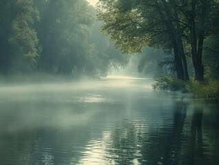 Serene Misty River Landscape with Lush Green Trees and Calm Waters in Early Morning Light