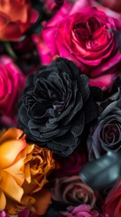 Bouquet of colorful roses, featuring a striking black rose covered in dew drops