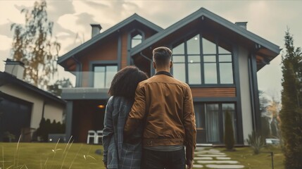 Fototapeta premium A couple standing in front of a house.