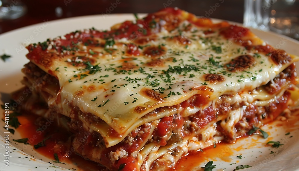 Wall mural A plate of tasty thick lasagna on a table