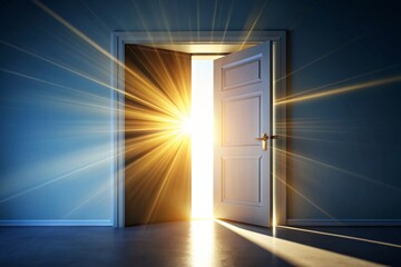 Door opening to reveal a burst of bright light, door, opening, reveal, light, brightness, entrance, hope, surprise