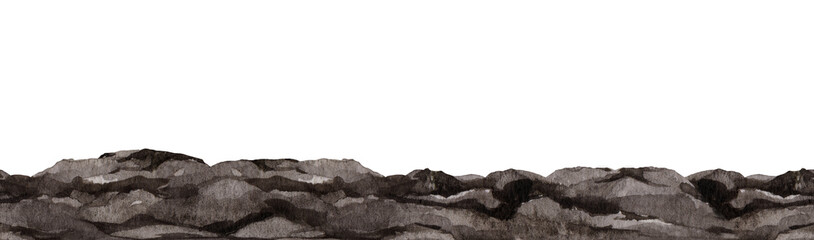 Soil pile seamless border. Watercolor painted illustration. Organic compost for growing plants illustration. Hand drawn ground background isolated on white background. Dark soil heap endless border