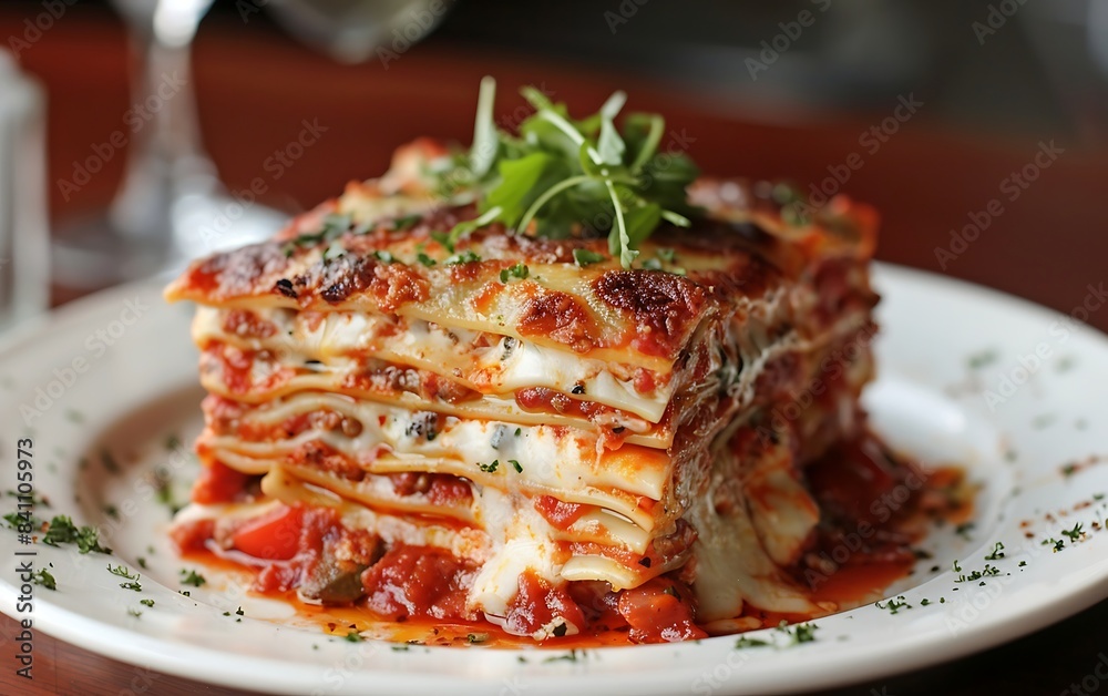 Wall mural A plate of tasty thick lasagna on a table