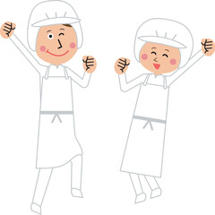 給食職員or食品工場の男女が笑顔でガッツポーズしてジャンプ