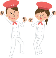 ポップな男性のコックorパン屋さんがガッツポーズで笑顔でジャンプ