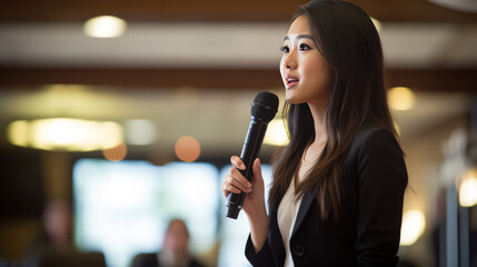 businesswoman Speaker gove a speech to audience.. Spokesperson , public presentation