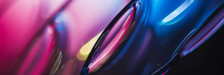 extreme macro photo of clean polished glass, edges with light from four different colors, depth of field, blurred, dark pink and dark blue, blur background, natural colors, aspect ratio 3:1, banner