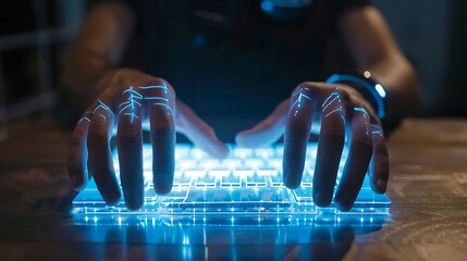 Hands on a virtual translucent keyboard with colorful lights