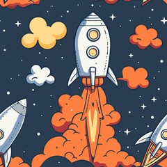 A whimsical line drawing of a toy rocket ship, with flames shooting from its engines as it blasts off into outer space, fueling dreams of exploration. Minimal pattern banner wallpaper, simple