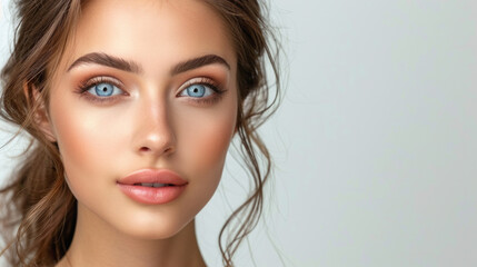 Fototapeta premium A woman with blue eyes and a pinkish tint to her lips. She has her hair in a bun and is wearing makeup