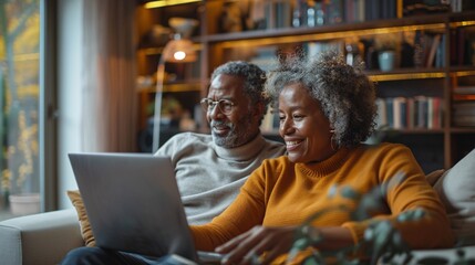 Mature couple enjoying a video call with their financial advisor from their home, discussing savings and investments, cozy and inviting setting, clear communication