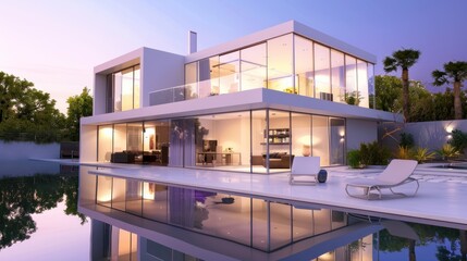 Fototapeta premium beautiful modern white luxury house with swimming pool at night