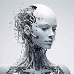 Futuristic android head, sleek, exposed wires, integrated nodes
