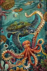 Fototapeta premium Beach Ocean Sea ,Turtle ,Octopus, Coastal, Whale, Seahorse 