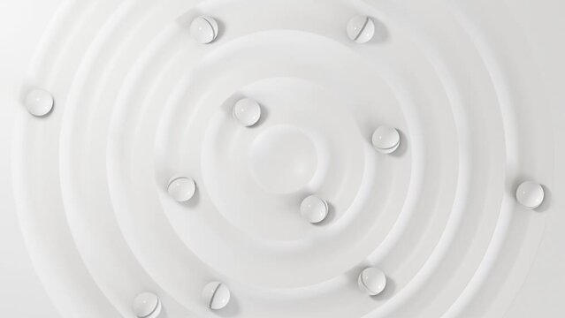White geometry background, dynamic of ball rolling around circle, 3d render looping animation