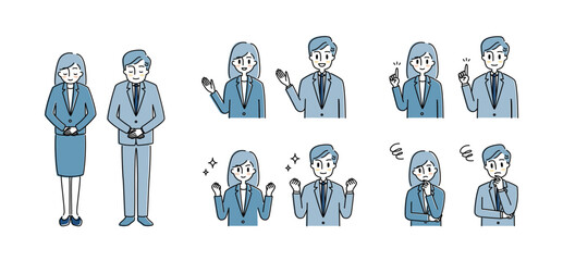 スーツを着た男女のポーズイラストセット　ビジネス