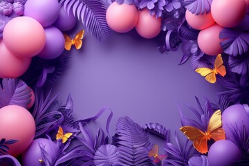 A purple background with gold butterflies and pink flowers