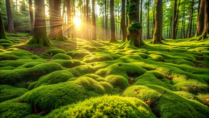 Lush green moss forming a peculiar pattern on forest floor under dappled sunlight, creating a mysterious backdrop , moss, forest