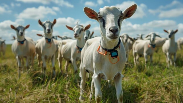 A herd of goats wearing neck tags with GPS tracking allowing farmers to efficiently monitor their grazing patterns and prevent overgrazing.