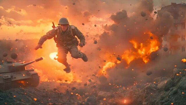 Male soldier in uniform, jumping the fence, tank, Stalingrad, explosions,generative ai
