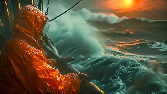 a seaman on a tanker during stormy sea, dramatic, cinematic lighting,generative ai